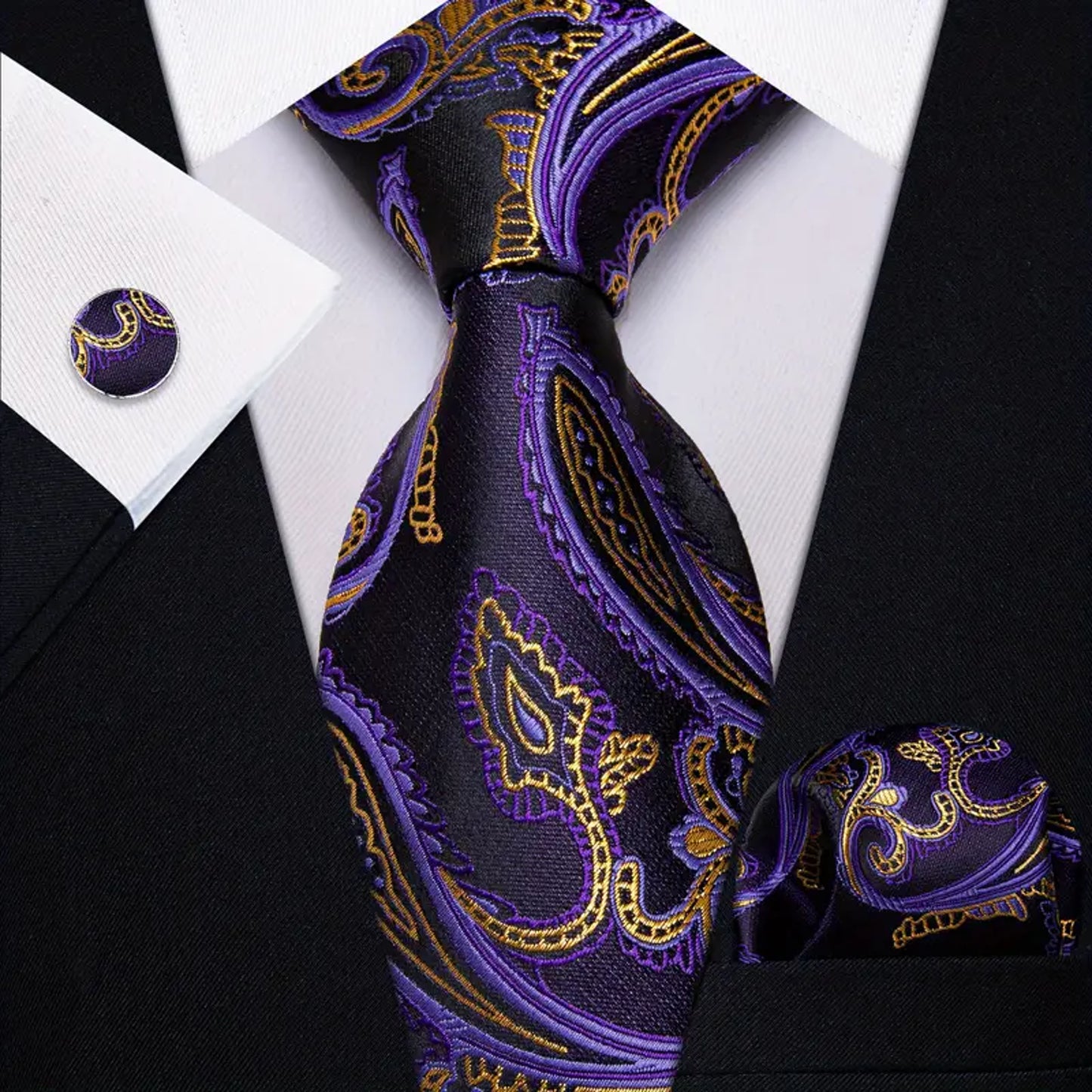 Purple Lines with Gold Leaves Tie Set - Masculine Clothes