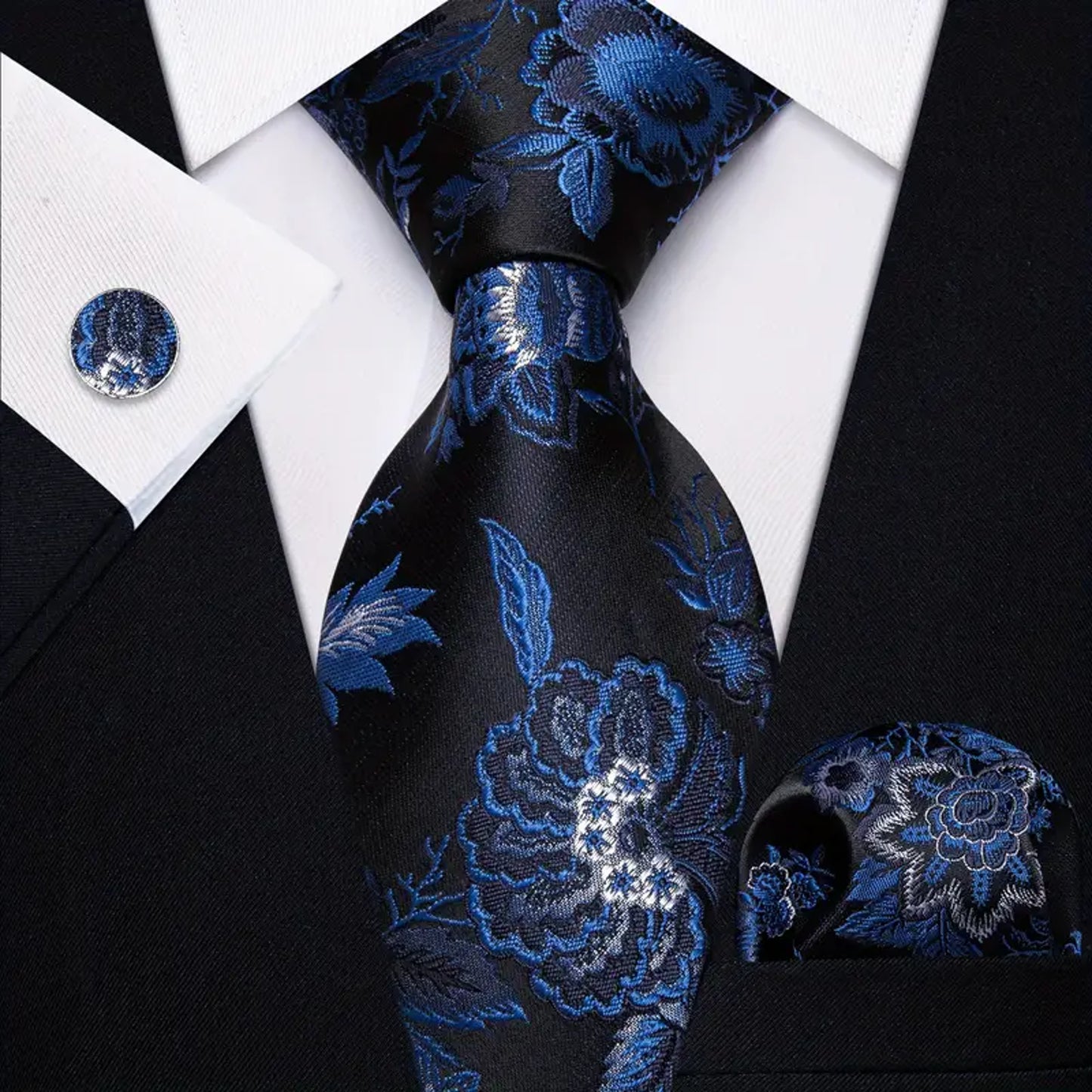 White Tiny Flowers with Blue Leaves Tie Set - Masculine Clothes