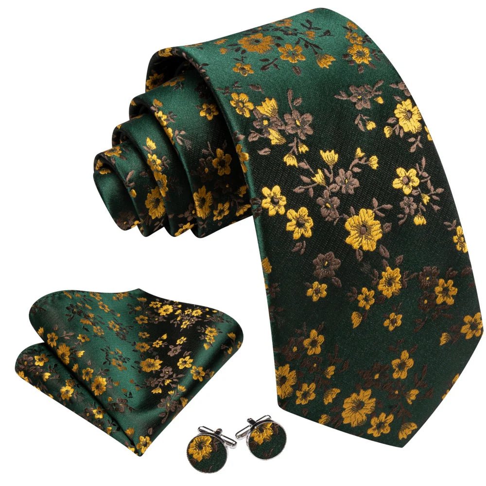 Premium Dark Green with Floral Silk Tie, Pocket Square and Cufflinks - Masculine Clothes