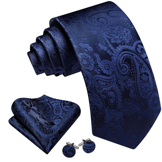 Blue Leaves Silk In Black Tie Pocket Square and Cufflinks - Masculine Clothes