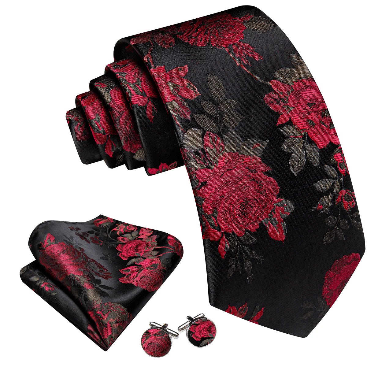 Red Roses In Black Tie, Pocket Square and Cufflinks - Masculine Clothes
