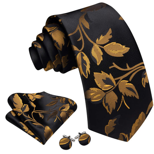 Gold Leaves In Black Tie, Pocket Square and Cufflinks - Masculine Clothes