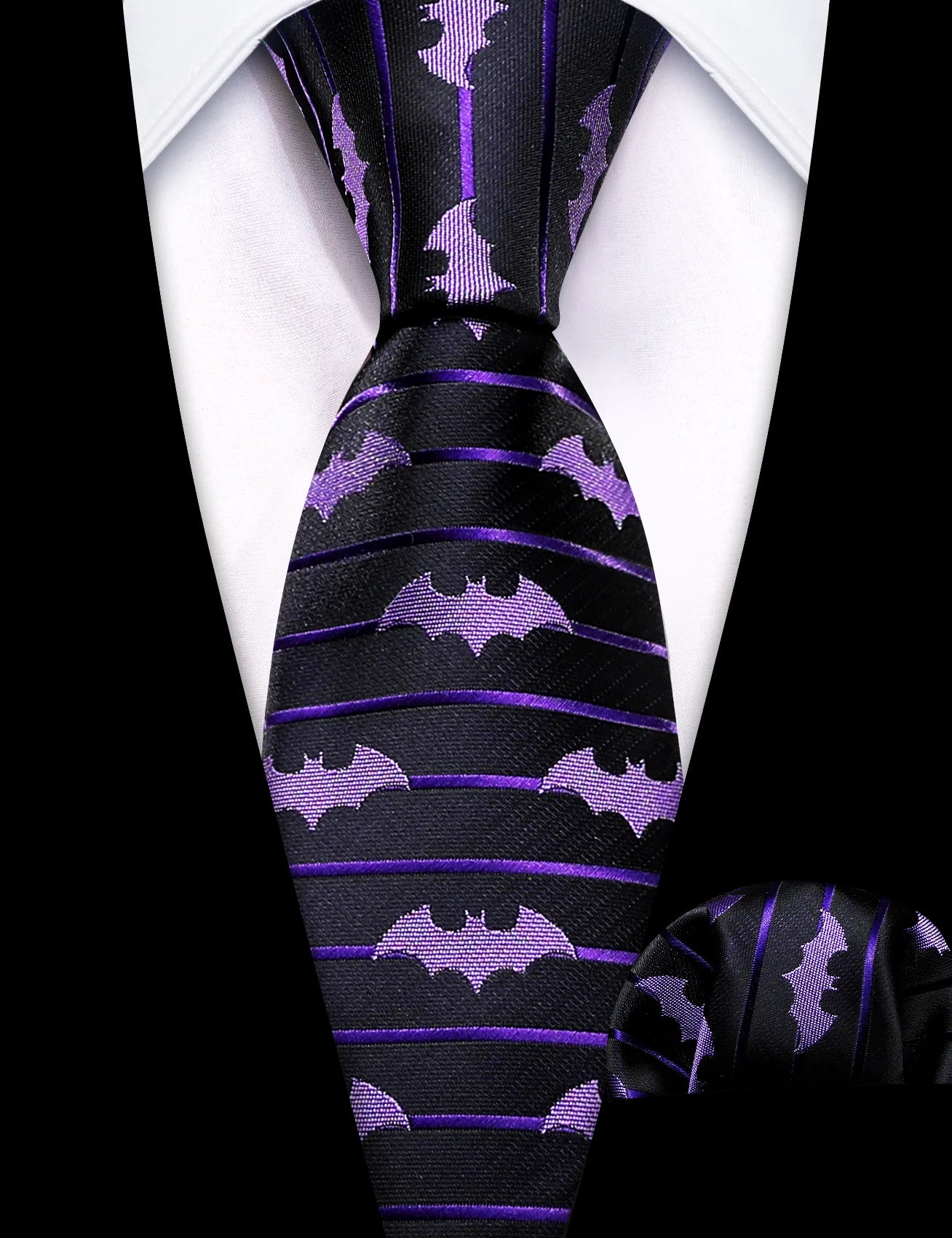 Kids Purple Bat In Black Silk Tie and Pocket Square - Masculine Clothes