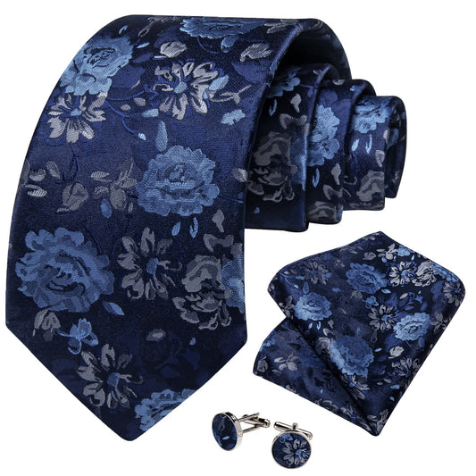 Blue Roses Silk Tie, Pocket Square and Cufflinks - Masculine Clothes
