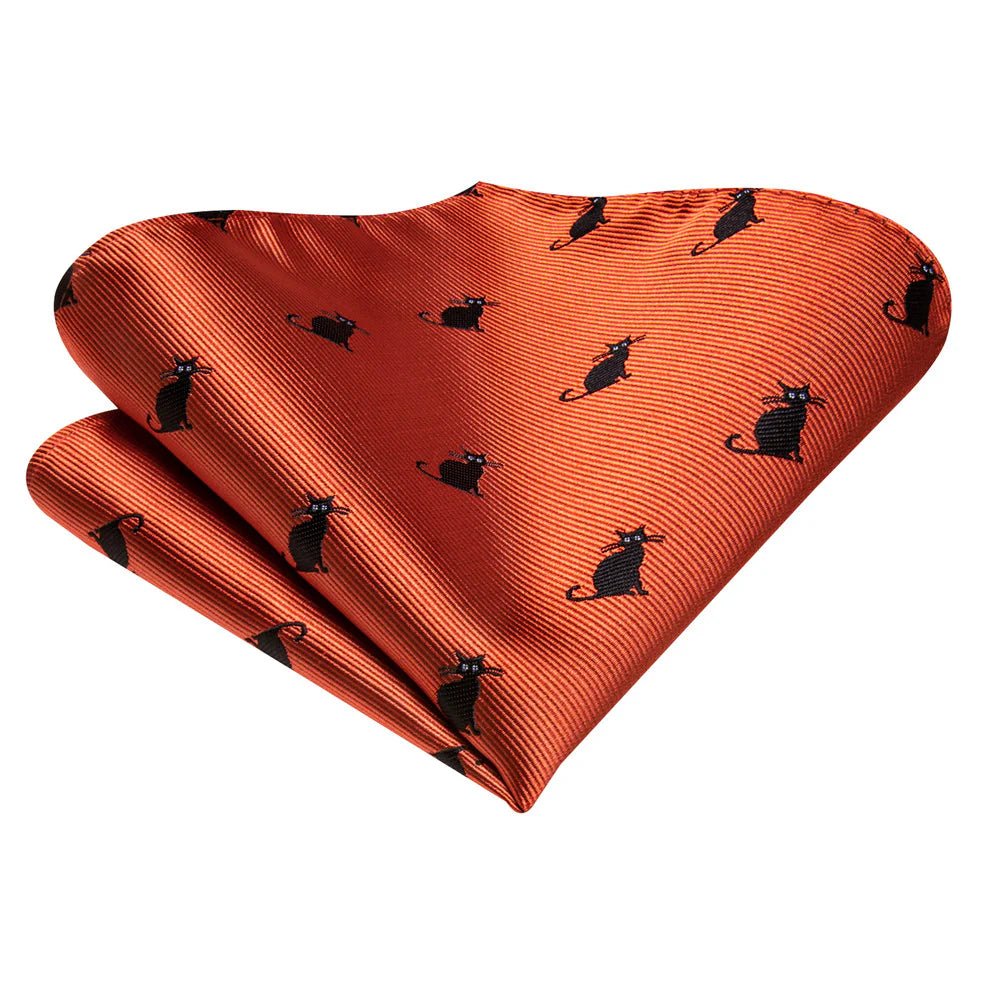Black Cat In Orange Silk Tie Set - Masculine Clothes