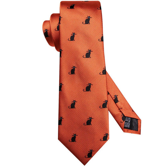 Black Cat In Orange Silk Tie Set - Masculine Clothes