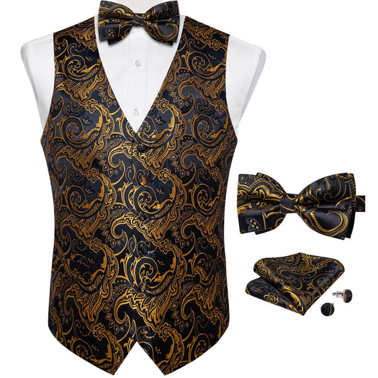 Luxury Gold Floral In Black Paisley Silk Vest Set - Masculine Clothes