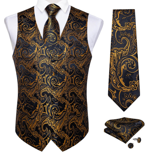 Luxury Gold Leaves In Black Paisley Silk Vest Set - Masculine Clothes