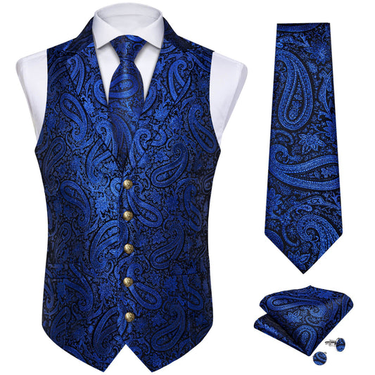 Luxury Navy Blue Paisley Silk Vest Set - Masculine Clothes