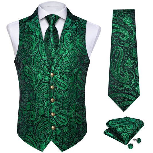 Luxury Emerald Green Paisley Silk Vest Set - Masculine Clothes
