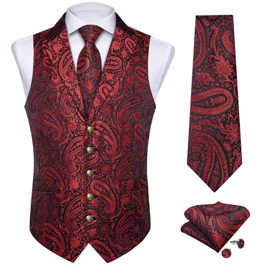 Luxury Red with Black Lines Paisley Silk Vest Set - Masculine Clothes