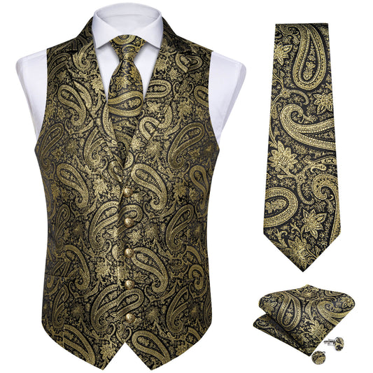Luxury Gold with Black Lines Paisley Silk Vest Set - Masculine Clothes