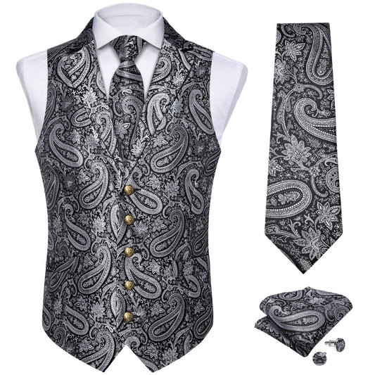 Luxury Silver Gray Paisley Silk Vest Set - Masculine Clothes