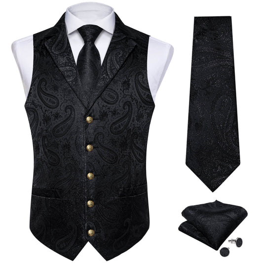 Luxury Midnight Black Paisley Silk Vest Set - Masculine Clothes