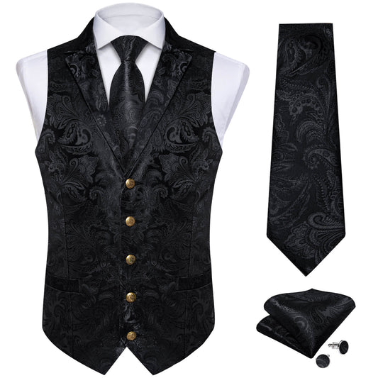 Luxury Black Floral Paisley Silk Vest Set - Masculine Clothes
