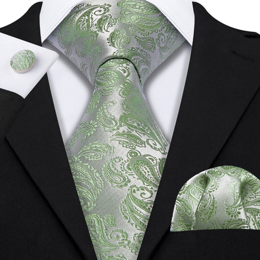 Avocado Green Paisley Silk Tie Set - Masculine Clothes