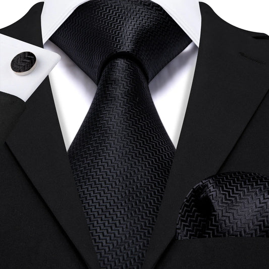 Plain Black Tiny Zigzag Silk Tie Set - Masculine Clothes