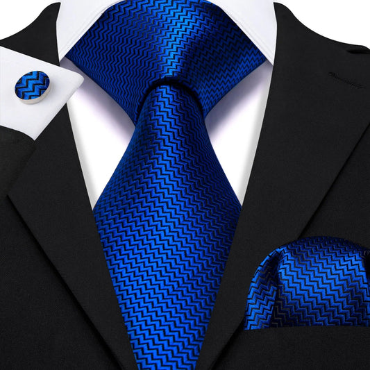 Plain Royal Blue Tiny Zigzag Silk Tie Set - Masculine Clothes