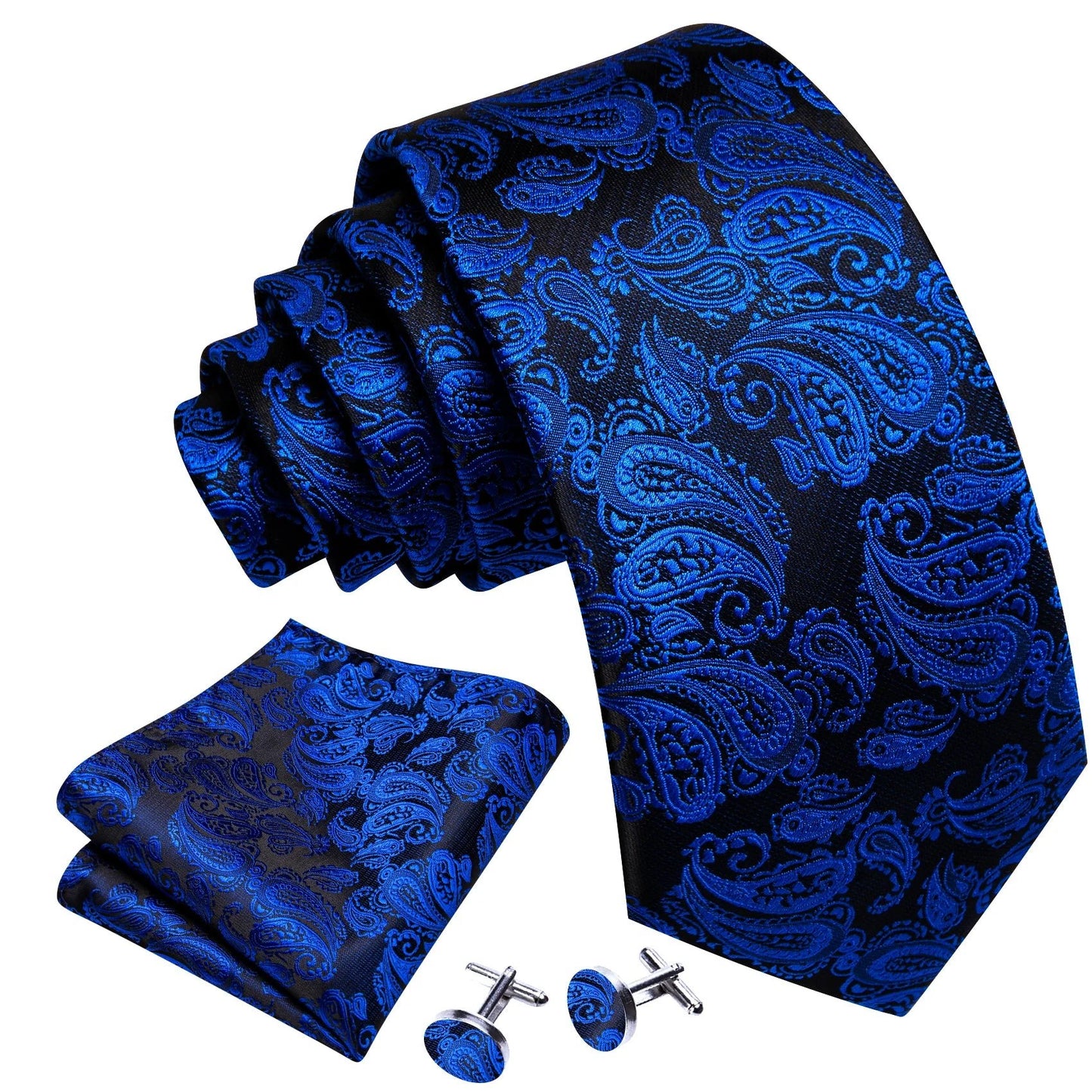 Blue Leaves In Black Silk Tie Set - Masculine Clothes