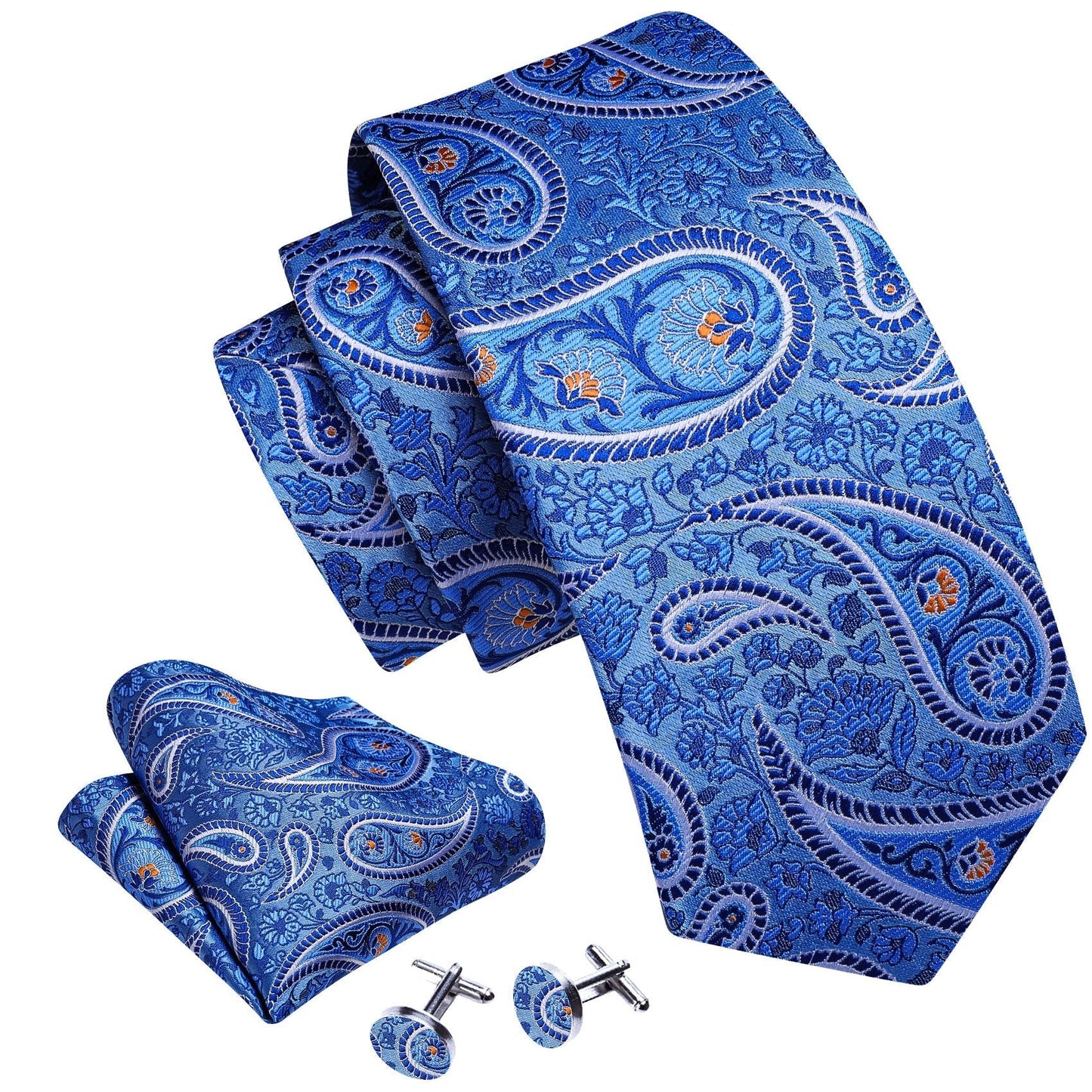 Blue Leaves with Orange Petals Silk Tie Set - Masculine Clothes