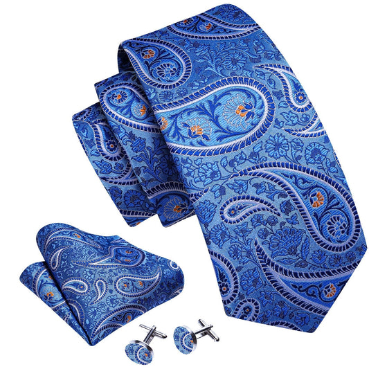 Blue Leaves with Orange Petals Silk Tie Set - Masculine Clothes