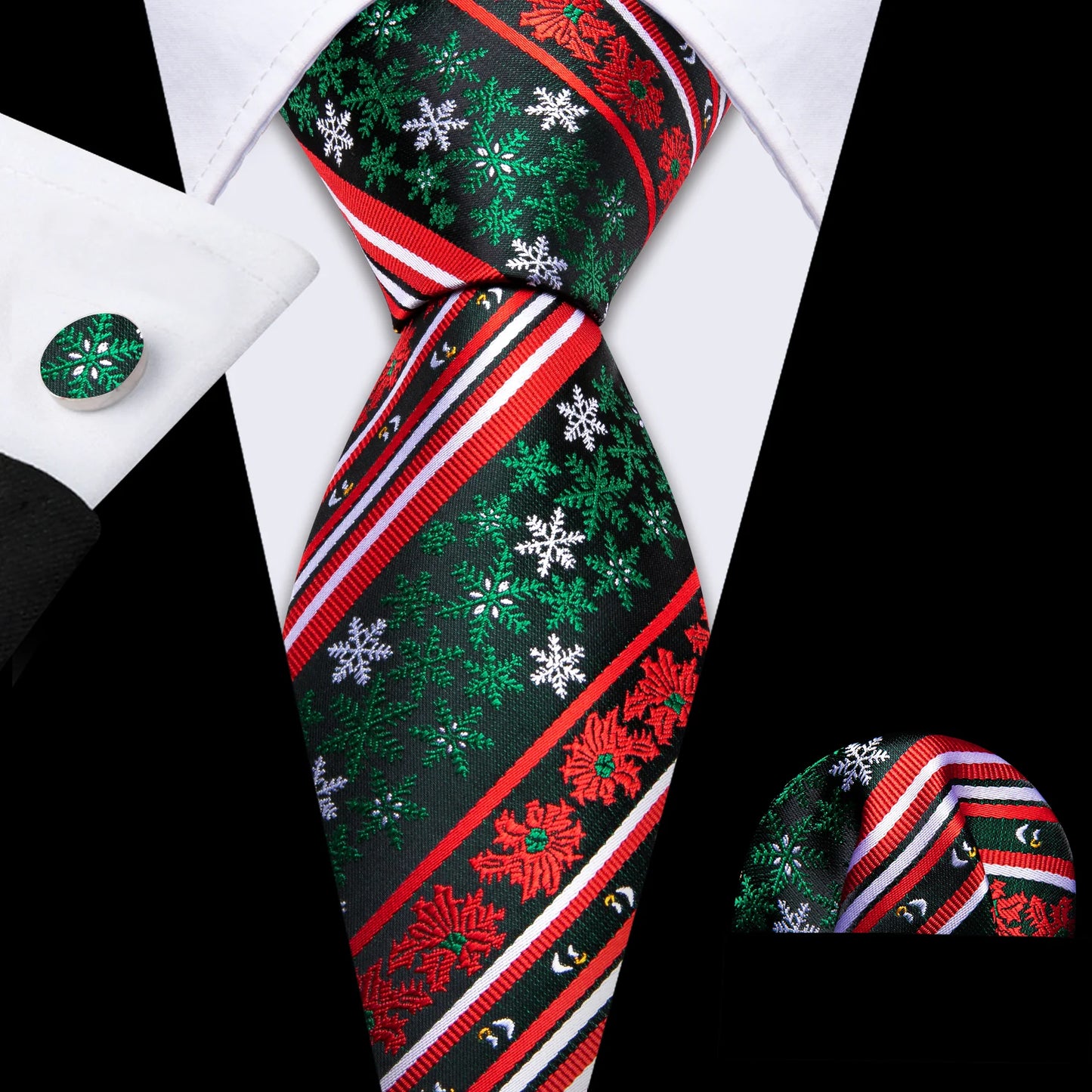 Red Flowers with Snowflakes Silk Tie Set - Masculine Clothes