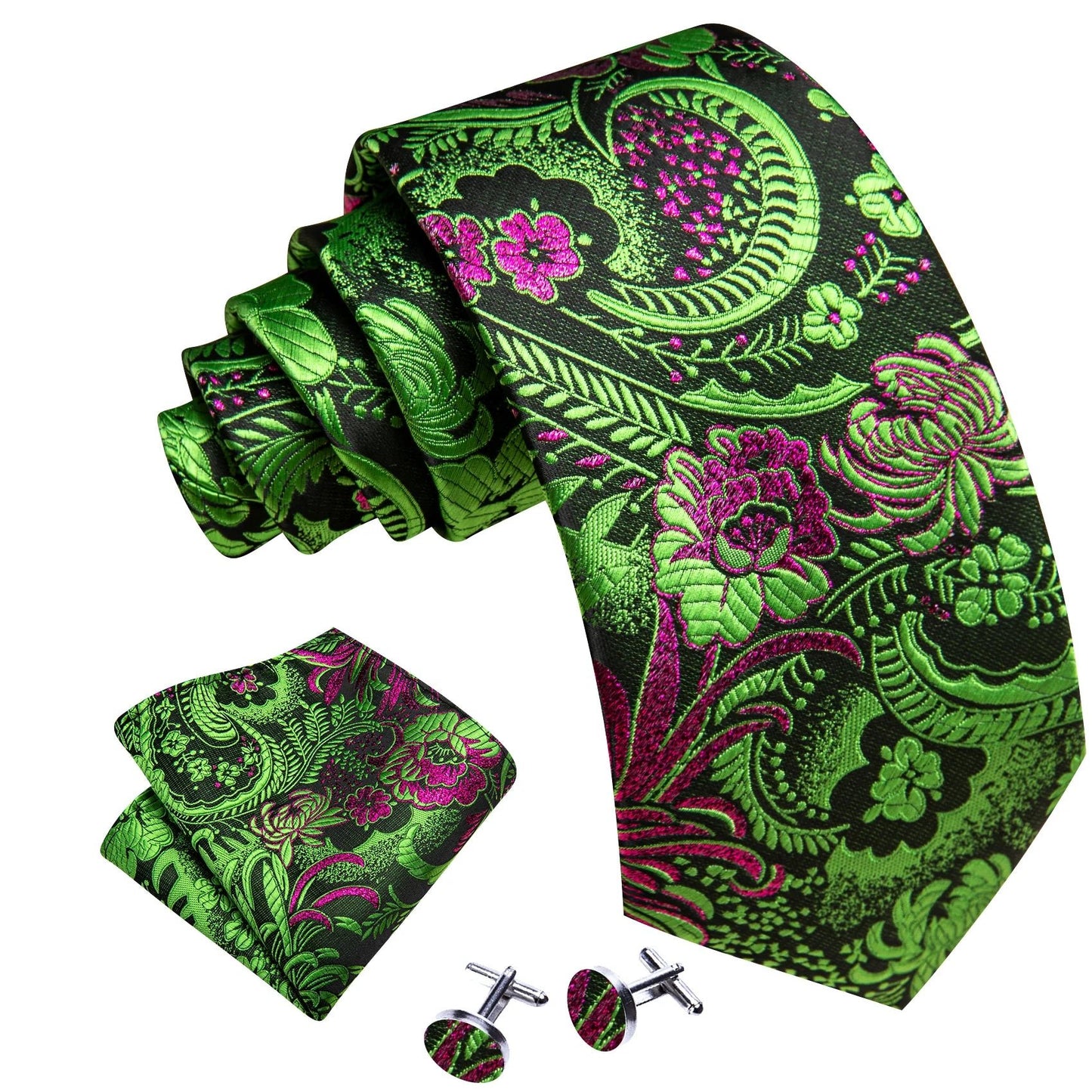 Pink and Green Floral Silk Tie Set - Masculine Clothes