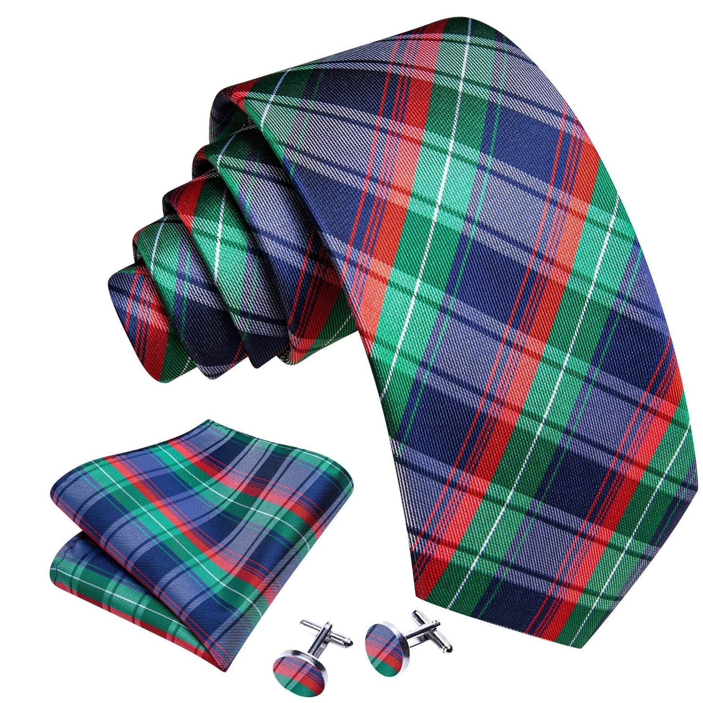 Blue, Green and Red Plaid Tie Set - Masculine Clothes