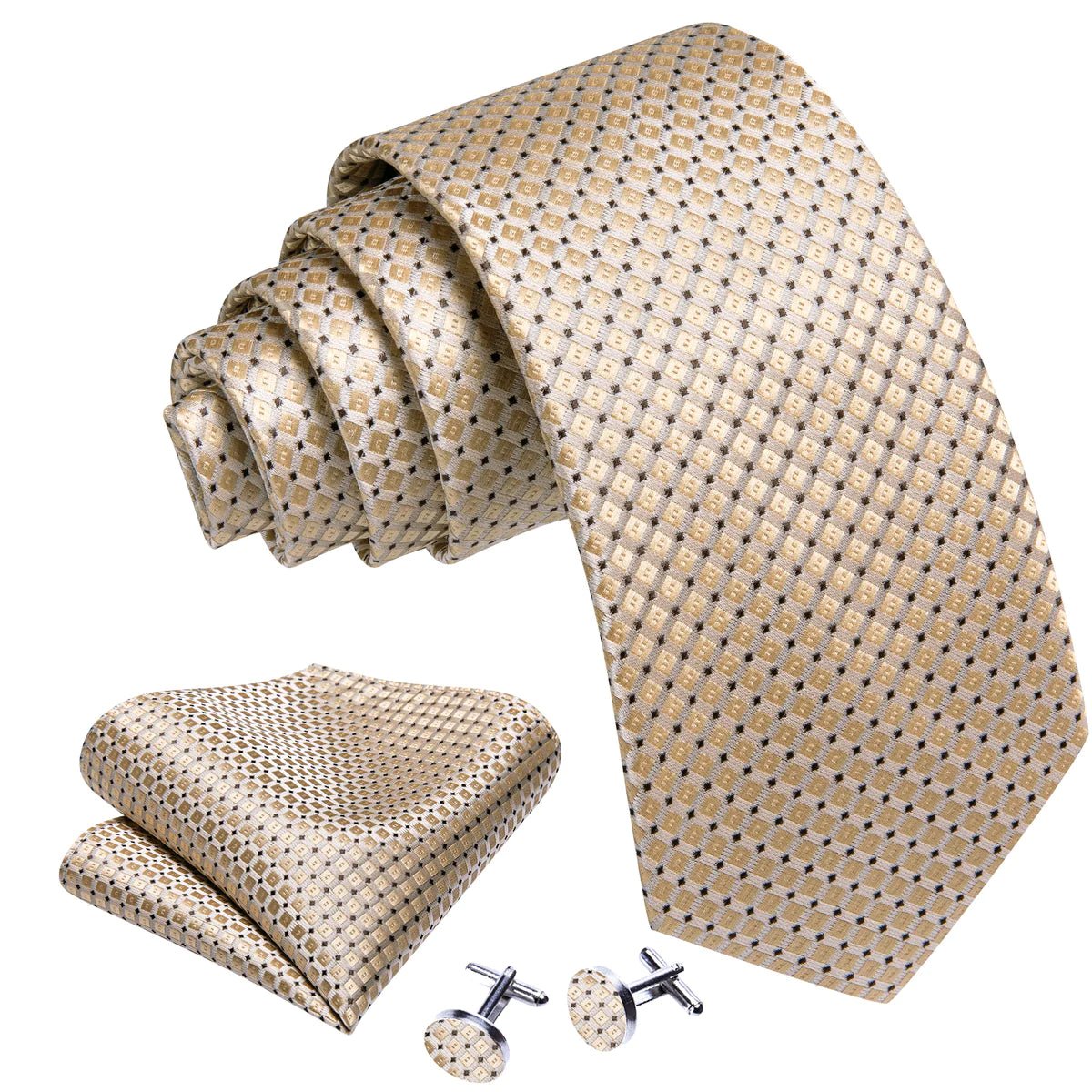 Beige Tiny Square with Black Diamonds Silk Tie Set - Masculine Clothes