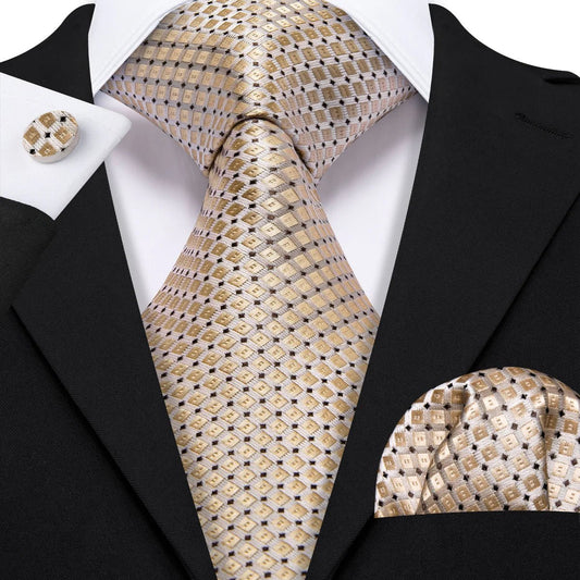 Beige Tiny Square with Black Diamonds Silk Tie Set - Masculine Clothes