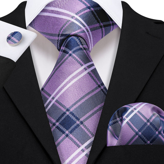 Blue and White In Purple Plaid Tie Set - Masculine Clothes