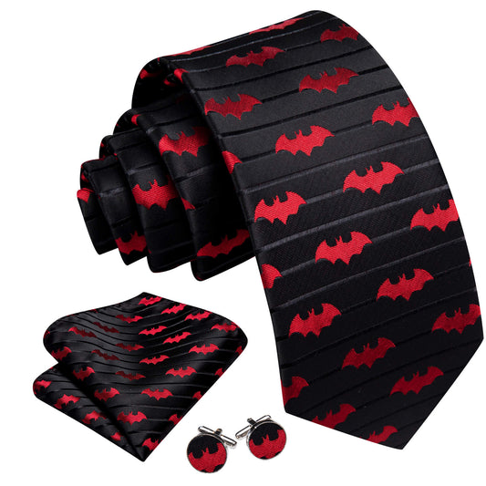 Premium Red Bat In Black Silk Tie Set - Masculine Clothes