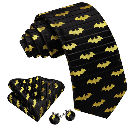 Premium Yellow Bat In Black Silk Tie Set - Masculine Clothes