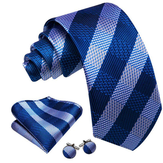Premium Blue and White Striped Silk Tie Set - Masculine Clothes