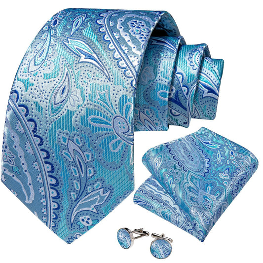 Luxury White Leaves In Blue Silk Tie Set - Masculine Clothes