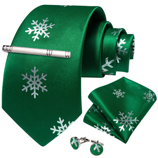 Snowflakes In Green Silk Tie Set - Masculine Clothes