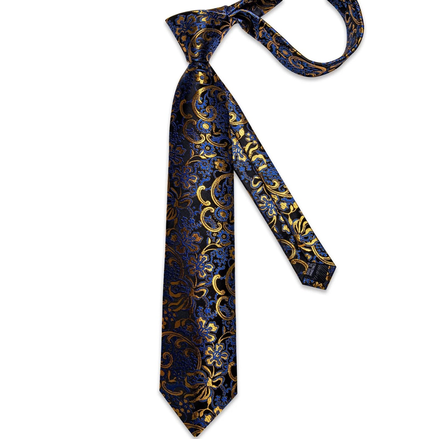 Gold and Blue Floral In Black Silk Tie Set - Masculine Clothes