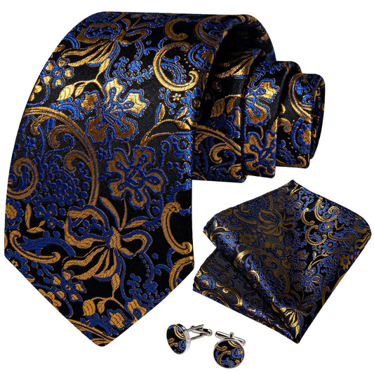 Gold and Blue Floral In Black Silk Tie Set - Masculine Clothes