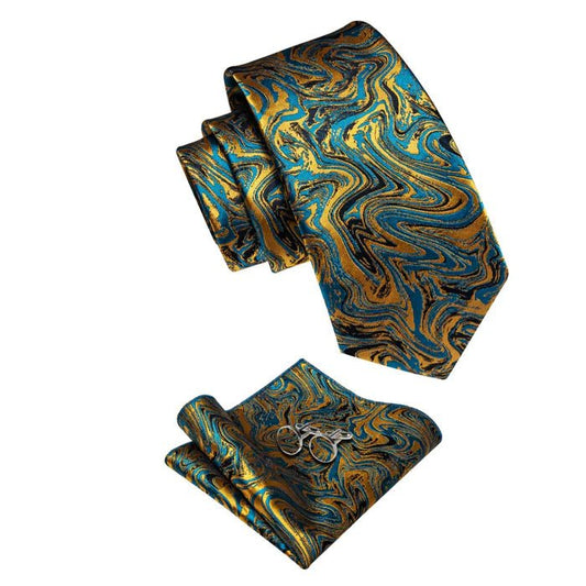 Premium Teal Blue with Black and Gold Lines Silk Tie Set - Masculine Clothes