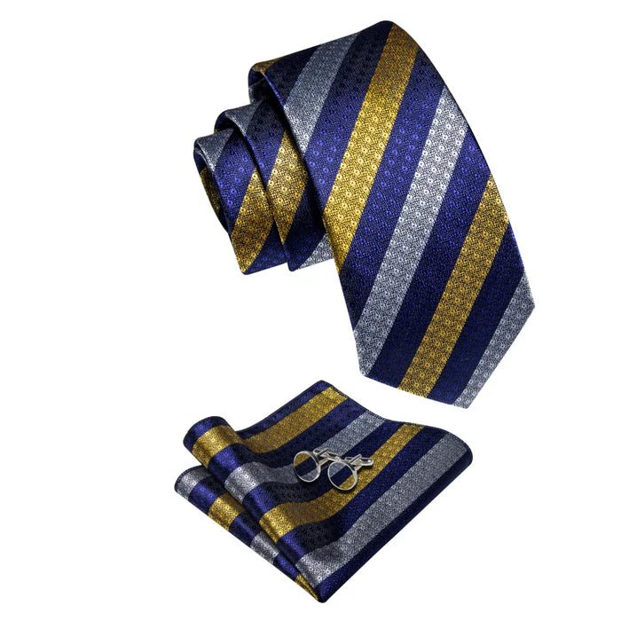 Premium Yellow, Blue and White Striped Silk Tie Set - Masculine Clothes