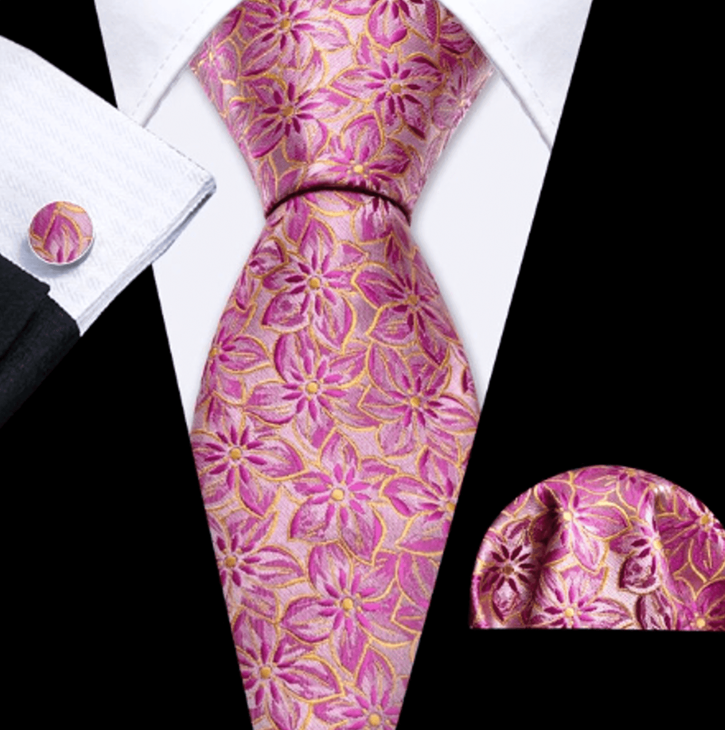 Premium Pink Big Flowers Tie Pocket Square and Cufflinks - Masculine Clothes