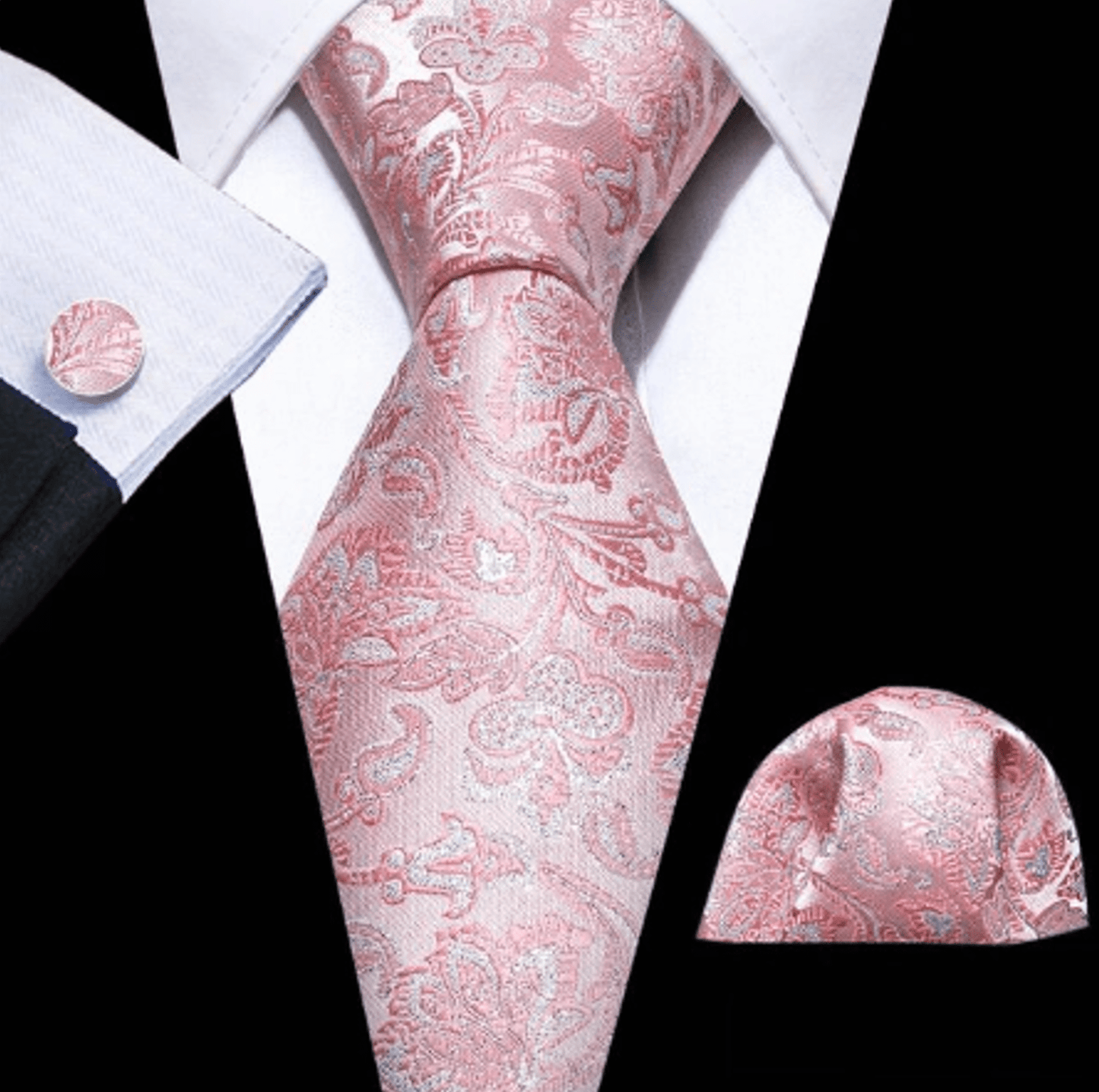 Premium Silver White Flowers In Pink Silk Tie Set - Masculine Clothes