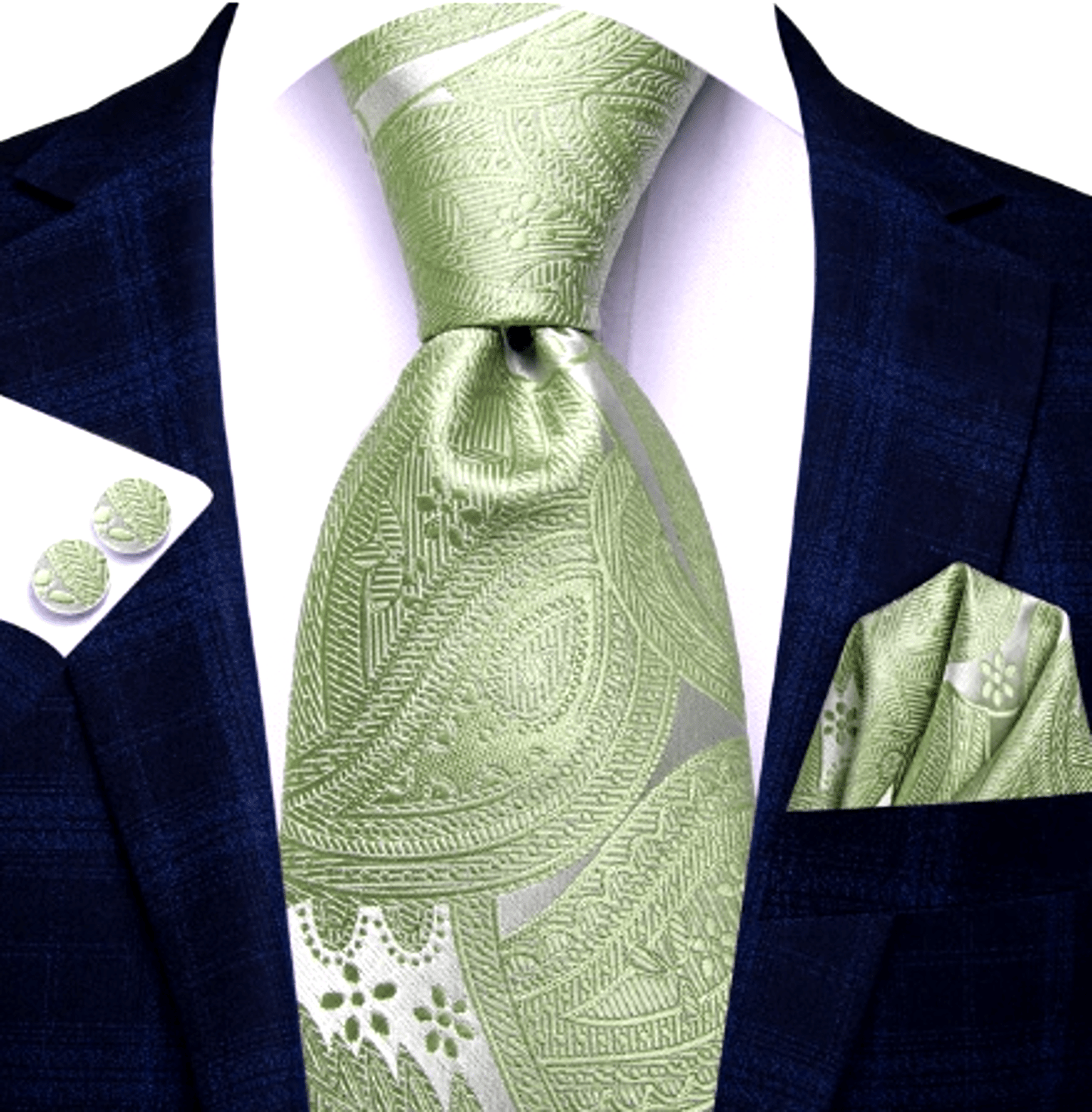 Luxury Apple Green Leaves In Silver Silk Tie Set - Masculine Clothes
