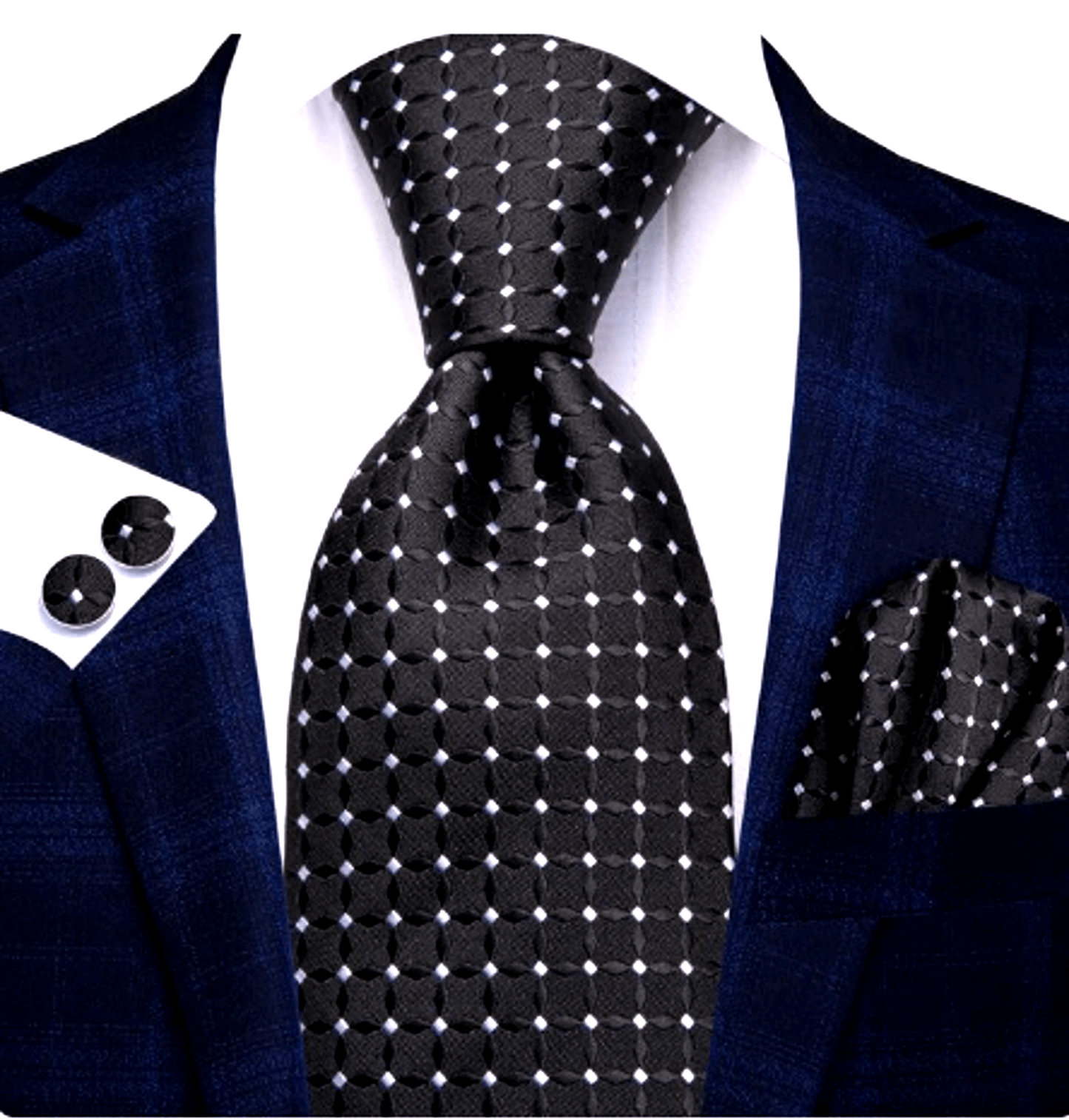 Luxury White Polka Dots In Black Silk Tie Set - Masculine Clothes