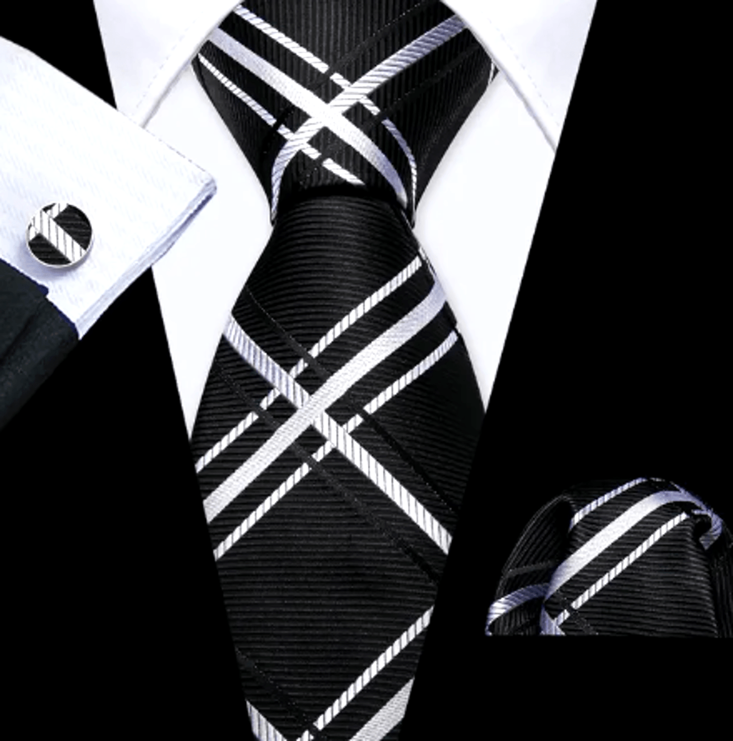 Premium White Plaid In Black Silk Tie Set - Masculine Clothes