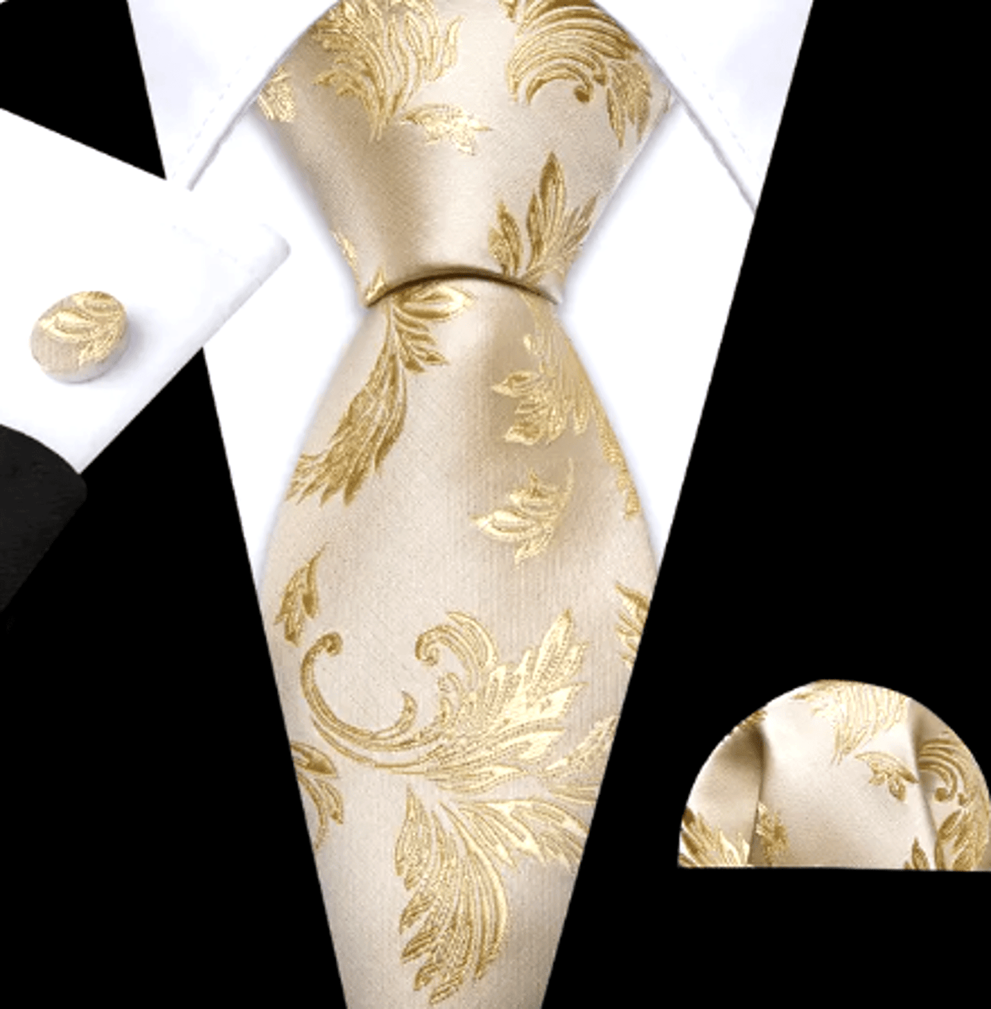 Premium Champagne with Gold Leaves Silk Tie Set - Masculine Clothes