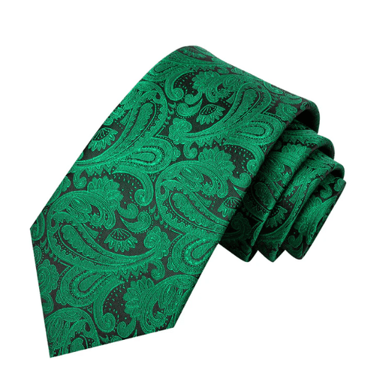 Dark Green Leaves In Black Paisley Silk XL Tie Set - Masculine Clothes