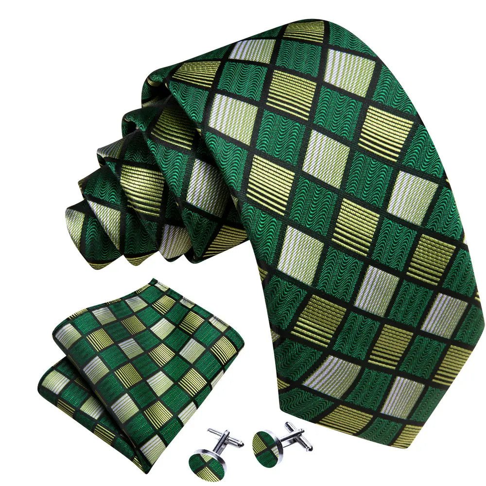 Premium Green Plaid Silk Tie Set - Masculine Clothes