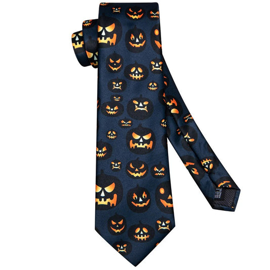 Halloween Tie Set In Black and Orange with Jack - O' - Lantern Design - Masculine Clothes