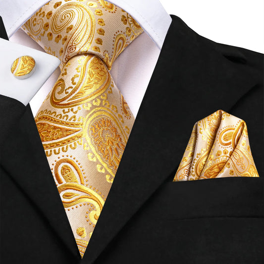 Golden Yellow Leaves Paisley Tie Set - Masculine Clothes